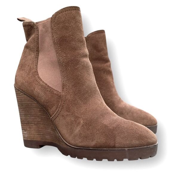 Michael Kors Thea Caramel Camel Tan Wedge Suede Bootie Boots Size 8 - Picture 1 of 12